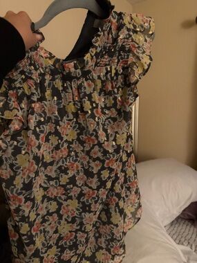 LOFT Navy Floral Ruffle Sleeve Blouse with Pink & Yellow Flowers